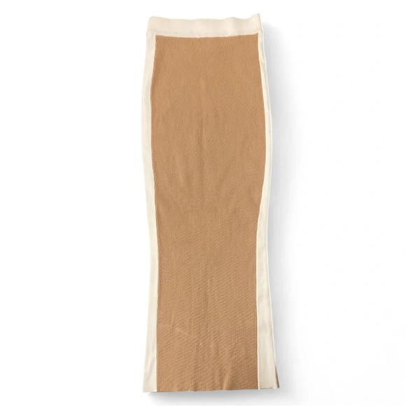 JLUXLABEL Tan White Ribbed Knit Fall Midi Skirt Split Back S - Picture 1 of 10